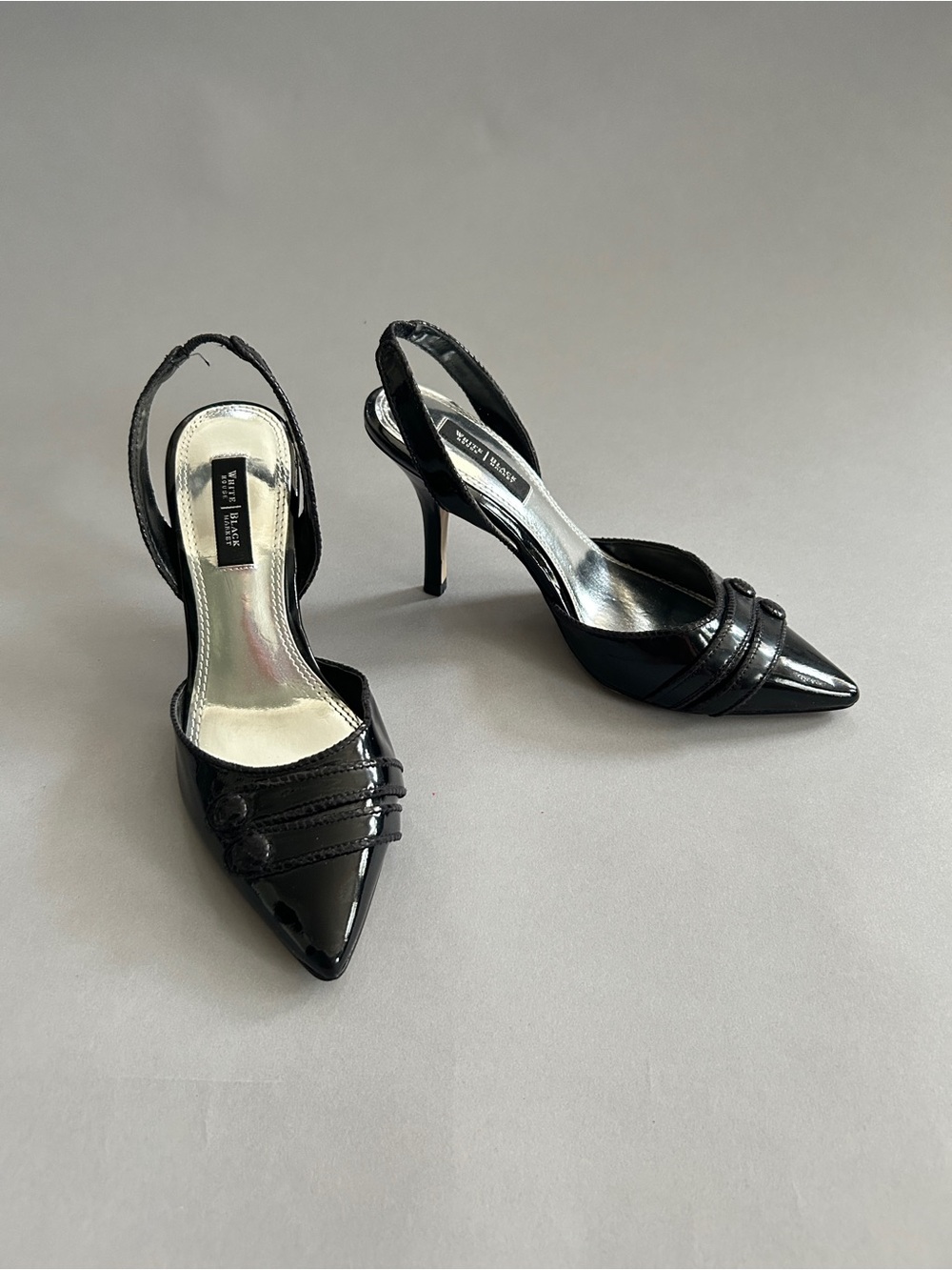 White House Black Market Black Patent Pointed Slingback Heels size 5.5 LIKE NEW